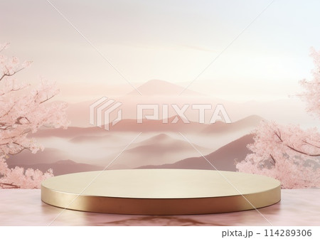 Realistic 3D render blank empty pastel pink podium with cherry blossom flower bouquet and blowing white curtain. Beauty products display, Backdrop Realistic 3D render blank empty pastel pink podium with cherry blossom flower bouquet and blowing white curtain. Beauty products display, Backdrop 114289306