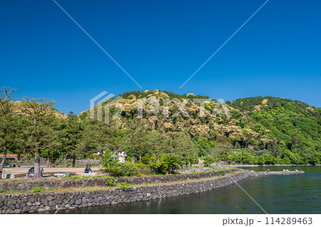新緑の山と宇治公園塔の島風景 新緑の山と宇治公園塔の島風景 114289463