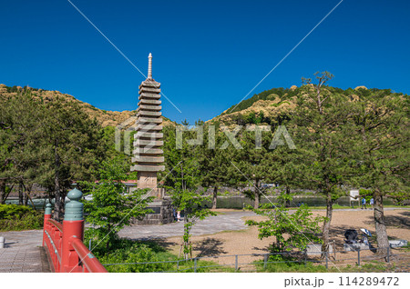 初夏の宇治公園塔の島　十三重石塔 114289472