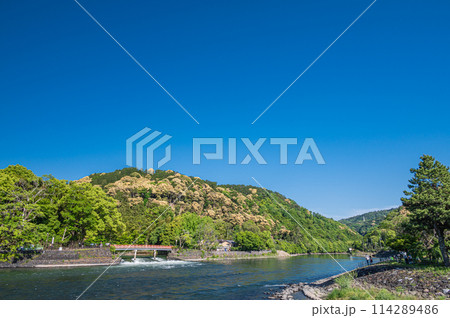 宇治公園塔の島からの新緑の山並み 京都府宇治市 宇治公園塔の島からの新緑の山並み 京都府宇治市 114289486
