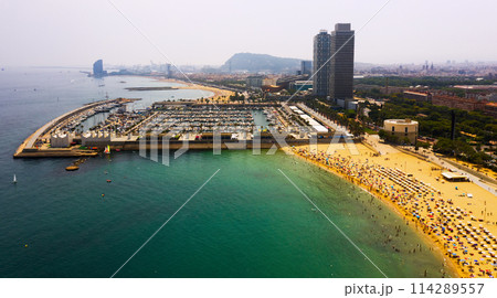 Panoramic view from the drone of coastline and beach of Barcelona. Panoramic view from the drone of coastline and beach of Barcelona. 114289557