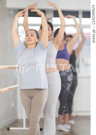 Group of women stand in fifth position at barre Group of women stand in fifth position at barre 114289925