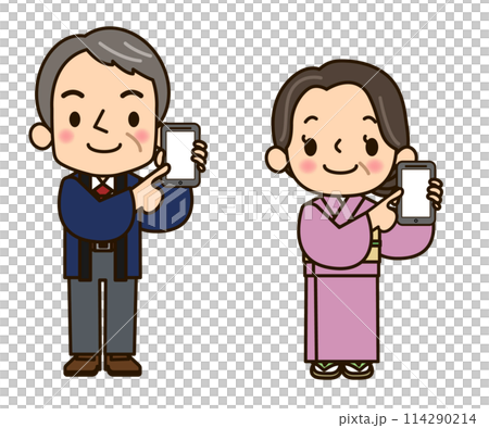 The proprietress and the storekeeper holding smartphones 114290214