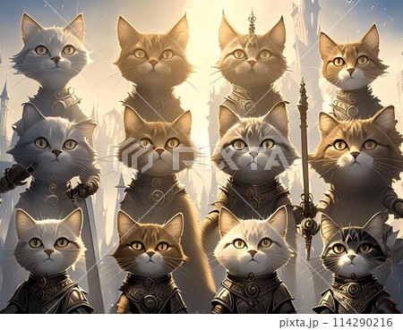 中世期の時代に戦闘の前に集まる猫の騎士たち 114290216