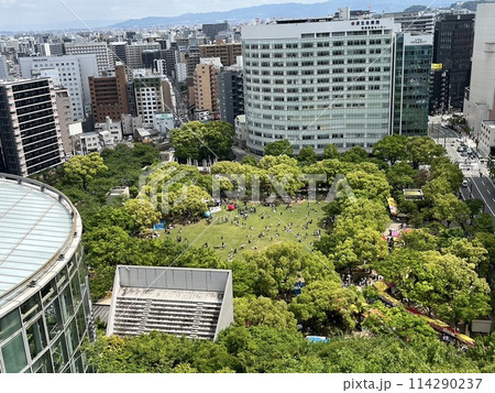 福岡市中央区「アクロス福岡」から「天神中央公園」「福岡市役所」全景／どんたく当日撮影 114290237