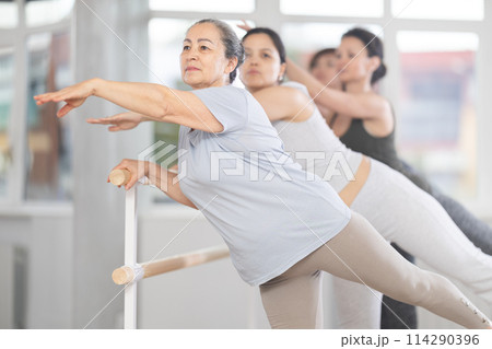 Group of women beginners practicing at ballet barre 114290396