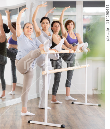 Senior woman performing stretching exercises at ballet barre with group Senior woman performing stretching exercises at ballet barre with group 114290451