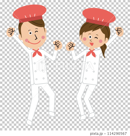 A pop male cook or baker jumps with a smile and a fist pump 114290567