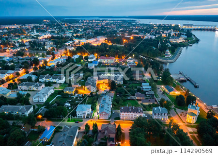 Aerial view of Russian town of Uglich on Volga in summer evening 114290569