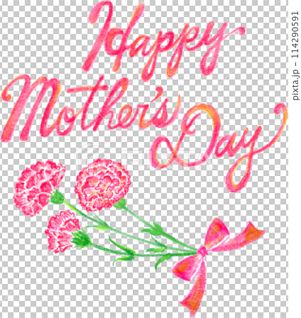 Mother's Day_Happy Mothers Day_letter and bouquet of carnations_hand-drawn style_cursive 114290591