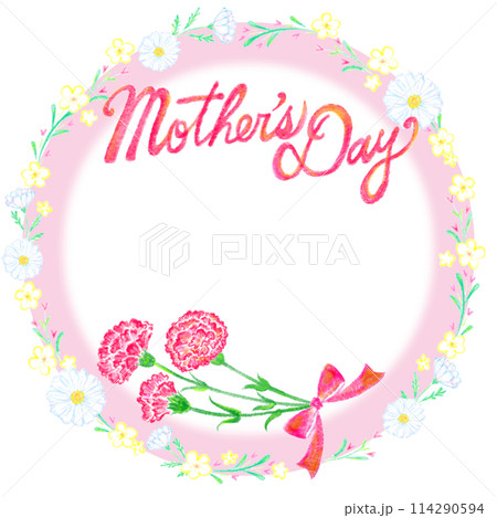 母の日_HappyMothersDay_文字とカーネーションの花束_手描き風_筆記体_ピンク色の輪 114290594