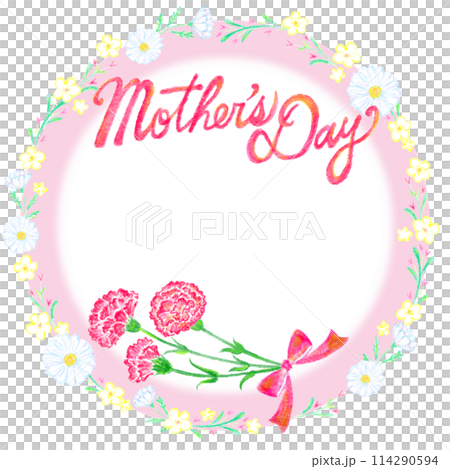 Mother's Day_Happy Mothers Day_letter and bouquet of carnations_hand-drawn style_cursive_pink circle 114290594