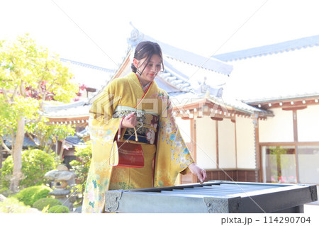 イエロー系柄の振袖を着た成人女性、成人振袖和装ロケーション撮影、成人式 イエロー系柄の振袖を着た成人女性、成人振袖和装ロケーション撮影、成人式 114290704
