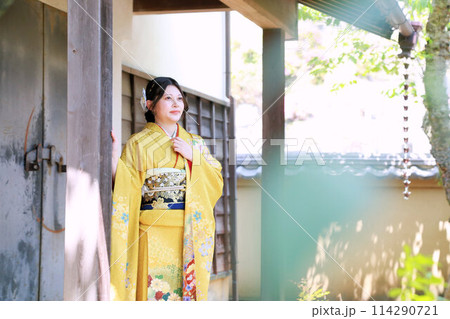 イエロー系柄の振袖を着た成人女性、成人振袖和装ロケーション撮影、成人式 イエロー系柄の振袖を着た成人女性、成人振袖和装ロケーション撮影、成人式 114290721