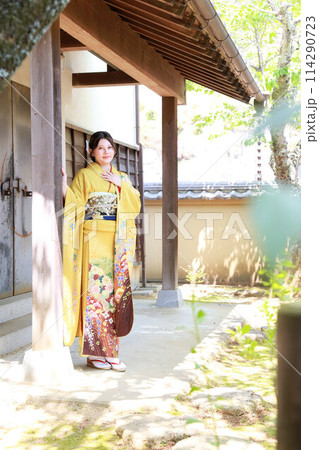 イエロー系柄の振袖を着た成人女性、成人振袖和装ロケーション撮影、成人式 114290723