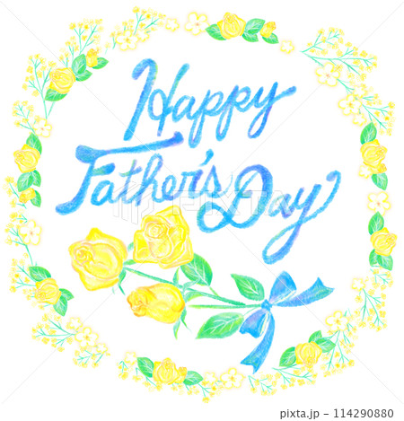 父の日_FathersDay_手描き風文字と黄色い薔薇と花の枠 114290880