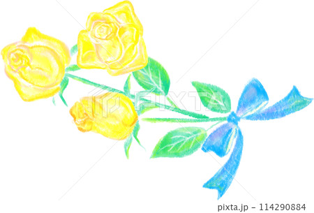 父の日_FathersDay_黄色の薔薇3輪を青いリボンで束ねた花束_父の日 114290884