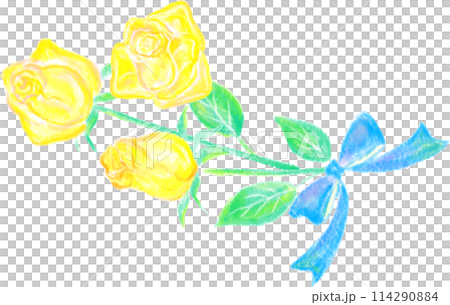 父の日_FathersDay_黄色の薔薇3輪を青いリボンで束ねた花束_父の日 114290884