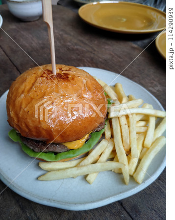 tasty hamberger with french fries in white plate tasty hamberger with french fries in white plate 114290939