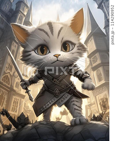 中世期の時代に戦闘の前に集まる猫の騎士 114290952