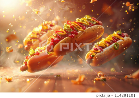 Levitating Hot Dogs Adorned with Condiments Against Warm Cherry Wood Backdrop with Sunlight and Backlight 114291101