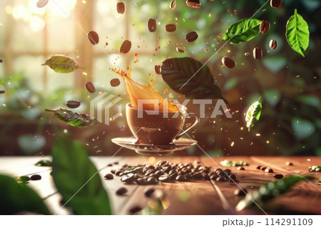 Levitating Coffee Cup on Cherry Wood Background, Enhanced by Backlit Coffee Beans and Leaves 114291109