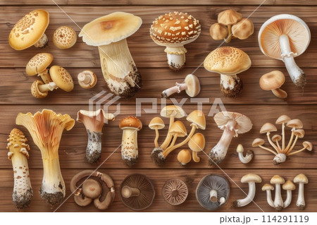 Assortment of Mushrooms on a Wooden Surface, Natural Earthy Qualities Showcased in Warm Light Assortment of Mushrooms on a Wooden Surface, Natural Earthy Qualities Showcased in Warm Light 114291119