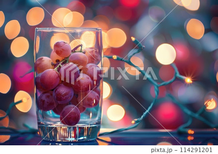 Twelve grapes in a glass for New Year's tradition in Spain, ready at midnight 114291201