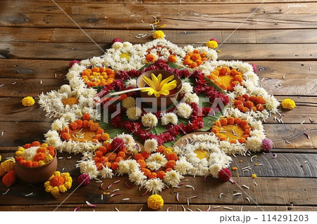 Vibrant display of Pookalams, traditional Indian floral carpets for Onam festival, showcasing intricate designs and vivid colors 114291203