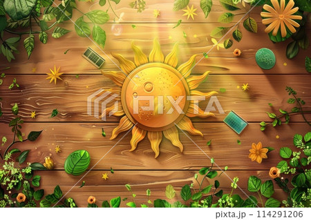 World Sun Day display featuring a radiant sun, lush greenery, and solar energy elements against wood. 114291206
