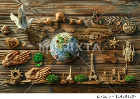 World Peace Day display with a dove, globe, and symbols of unity on a warm wooden background 114291207