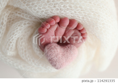 The tiny foot of a newborn baby. Soft feet of a new born in a white wool blanket. Close up of toes, heels and feet of a newborn. Knitted pink heart in the legs of a baby. Macro photography The tiny foot of a newborn baby. Soft feet of a new born in a white wool blanket. Close up of toes, heels and feet of a newborn. Knitted pink heart in the legs of a baby. Macro photography 114291335