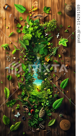 Ecological display with forests, wildlife, and conservation efforts on a wooden backdrop. 114291389