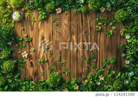 Earth Day Celebration Display with Trees, Wildlife, and Conservation Efforts on a Wooden Background 114291390