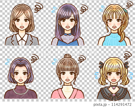 Set of 5 illustrations of stylish adult women with various hairstyles 114291472