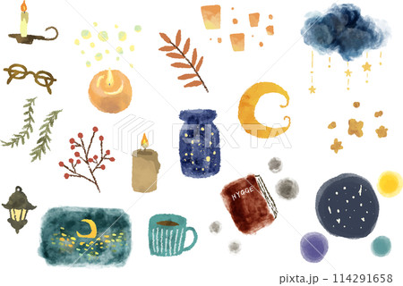 アナログ水彩風の夜のイラストセット 114291658