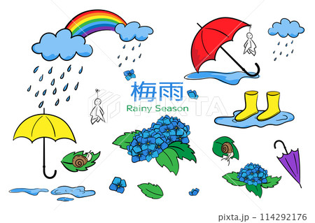 Set of illustration about a rainy season in hand-drawn style. Rainbow, clouds, raindrops, puddles, umbrellas, Teru Teru Bozu doll, blue hydrangea, yellow rain boots for print, digital and more design. Set of illustration about a rainy season in hand-drawn style. Rainbow, clouds, raindrops, puddles, umbrellas, Teru Teru Bozu doll, blue hydrangea, yellow rain boots for print, digital and more design. 114292176