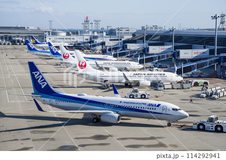 中部国際空港セントレア『スカイデッキ』からの展望・エプロンで駐機する旅客機 中部国際空港セントレア『スカイデッキ』からの展望・エプロンで駐機する旅客機 114292941