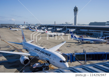 中部国際空港セントレア『スカイデッキ』からの展望・エプロンで駐機する国内線旅客機 中部国際空港セントレア『スカイデッキ』からの展望・エプロンで駐機する国内線旅客機 114292947