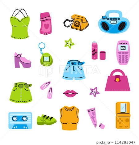 Set of stickers in style of 2000s. Clothing, cosmetics and electronics. Vector collection of elements. 114293047