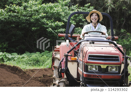 トラクターで畑を耕す女性 114293302