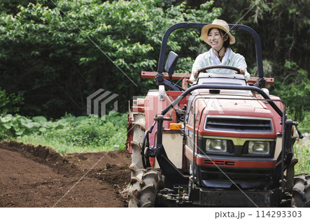 トラクターで畑を耕す女性 114293303