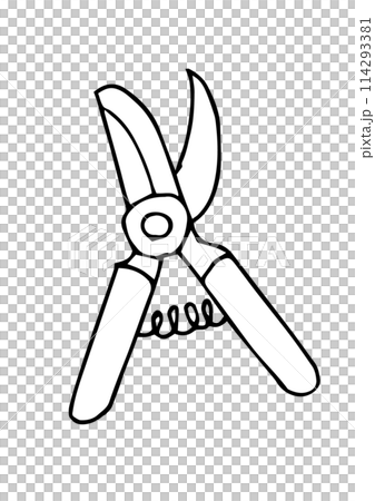 Pruning shears illustration (black and white, monochrome, line drawing) Pruning shears illustration (black and white, monochrome, line drawing) 114293381