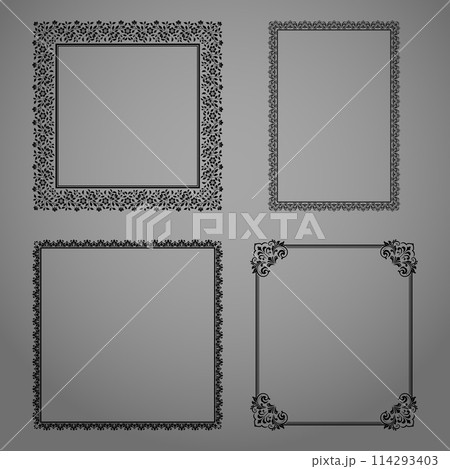 Set of decorative frames Elegant vector element for design in Eastern style, place for text. Floral black and gray borders. Lace illustration for invitations and greeting cards 114293403