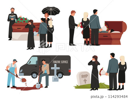 Set of funeral scenes flat style, vector illustration isolated on white 114293484