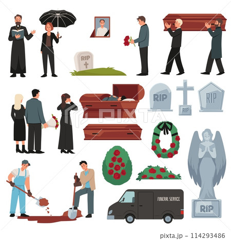 Funeral cemetery ceremony vector illustration set, grave, coffin and mourning people, priest, funeral car burial service Funeral cemetery ceremony vector illustration set, grave, coffin and mourning people, priest, funeral car burial service 114293486