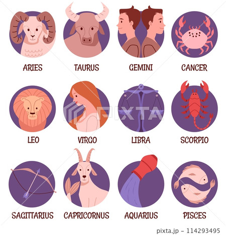 Horoscope symbols vector cartoon set, twelve astrological signs with inscriptions, zodiac icons in purple circle 114293495