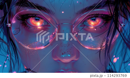 A fantastical portrait of a girl wearing glasses with glowing eyes, exuding mystery and enchantment. 114293769