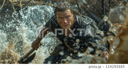 A man stands in the water, gripping an ax tightly in his hand as he prepares to defend against a Viking attack. A man stands in the water, gripping an ax tightly in his hand as he prepares to defend against a Viking attack. 114293885