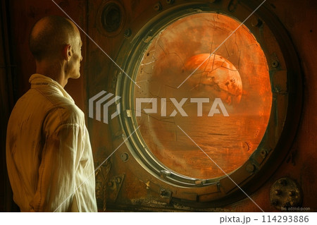 A man stands by a window, gazing out at the vast, mesmerizing expanse of the ocean on a breathtakingly beautiful planet. 114293886